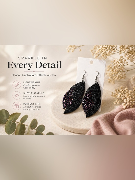 None Jewelry - Black Glitter Leaf Drop Earrings - Women Jewelry